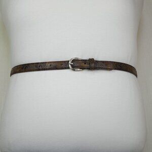 Brown Embossed Leather Belt With Floral Design & Silver Buckle Size 14
